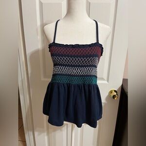 🩷 No boundaries Navy blue and red striped strapless top with ruffles